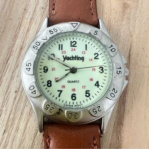 Vintage Yachting promotional ladies silver tone brown strap watch NEW BATTERY